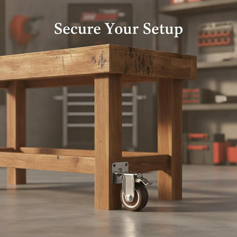 Locking Casters for Heavy Furniture With TPR Rubber Plate Wheels and Chrome Plated Steel Brakes on wooden bench leg