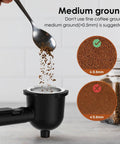No Hassle Portable Coffee Machine With Quick Turn 800 Watt Espresso And Cappuccino Maker Featuring Built In Milk Frother For Straight Up Lattes And Smooth Daily Grinds Black showing medium ground coffee being added.