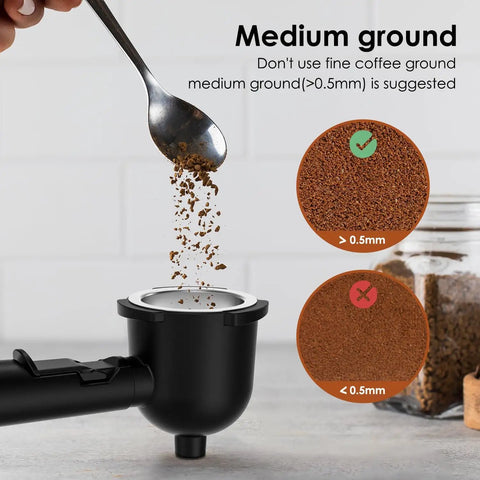 No Hassle Portable Coffee Machine With Quick Turn 800 Watt Espresso And Cappuccino Maker Featuring Built In Milk Frother For Straight Up Lattes And Smooth Daily Grinds Black showing medium ground coffee being added.