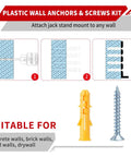 Diagram showing plastic wall anchors and screws kit for Heavy Duty Jack Stand Wall Mount Organizer For 2 And 3 Ton Stands In 12 Gauge Steel