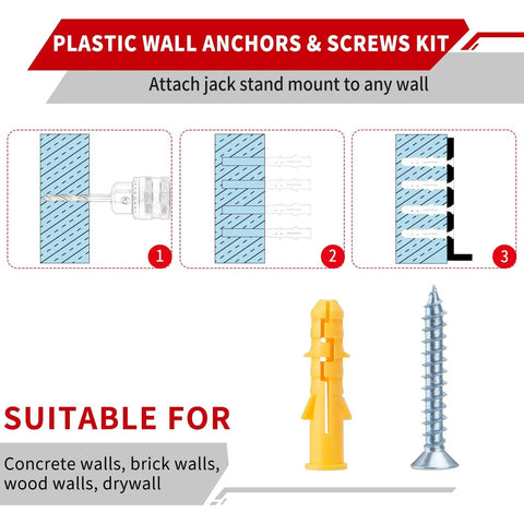 Diagram showing plastic wall anchors and screws kit for Heavy Duty Jack Stand Wall Mount Organizer For 2 And 3 Ton Stands In 12 Gauge Steel