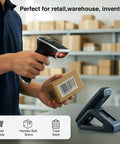 Handheld 1D And 2D Wireless Barcode Scanner With Bluetooth And 2.4G Modes scanning a barcode in a warehouse
