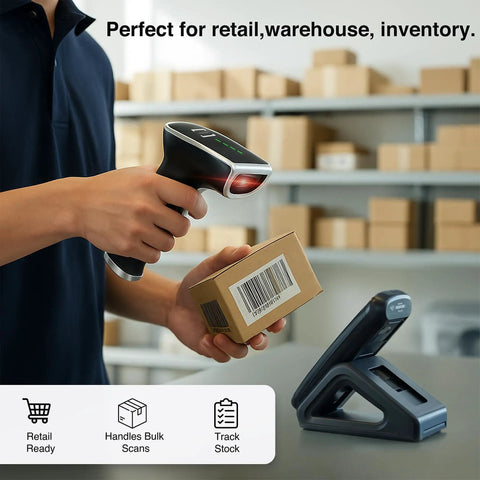 Handheld 1D And 2D Wireless Barcode Scanner With Bluetooth And 2.4G Modes scanning a barcode in a warehouse