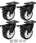 Front view: four 4-inch black swivel caster wheels with brakes and top-plates, plus mounting screws and washers.