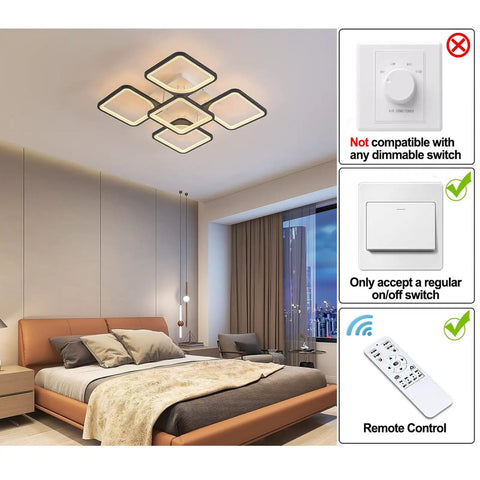 Bedroom with Five Heads Square LED Ceiling Light With Remote Dimmer And Memory Function 3000K To 6000K Dimmable.