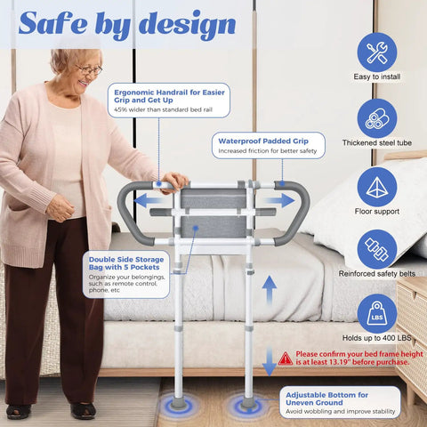 Adjustable Bed Rails For Elderly Safety Up To 400 Lb With Pocket Portable Assist Handle showing ergonomic handrail and storage