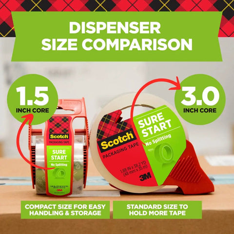 Dispenser size comparison for Clear Packing Tape With Easy Start And Quiet Unwind, 1.88 In By 25 Yd, 1.5 In Core and 3.0 in core.