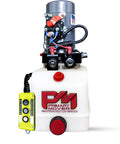 Front view of 12V DC Double Acting 4 Quart Hydraulic Pump for Dump Trailer with Remote Controller Poly Reservoir Be Beefy Power Unit.