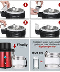 Assembly and operation of All-In-One Countertop Water Distiller With 304 Stainless Steel Tank And Glass Jar 1 Gallon Capacity 750W On Off Switch No Fuss Home Drinking Water Maker For Coffee Beauty Salons Dental Clinics