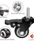 Heavy Duty Swivel Caster Wheels With Locking Brake And Threaded Stem, Polyurethane Wheels Roll Hella Smooth And Dead Silent For Workbenches Diy Carts And Shop Furniture Crushing Up To 440 Lbs Total Weight, featuring dual ball bearings and brake.