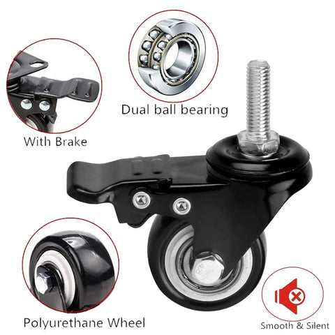 Heavy Duty Swivel Caster Wheels With Locking Brake And Threaded Stem, Polyurethane Wheels Roll Hella Smooth And Dead Silent For Workbenches Diy Carts And Shop Furniture Crushing Up To 440 Lbs Total Weight, featuring dual ball bearings and brake.