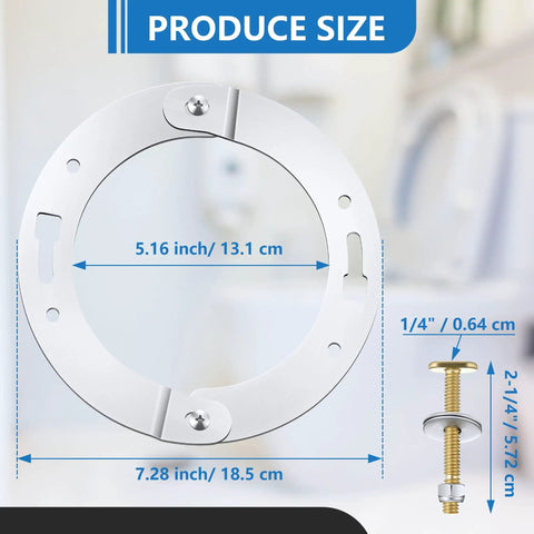 Heavy Duty Stainless Steel Toilet Flange Repair Kit With Extended Closet Bolts For PVC Cast Iron ABS dimensions shown measuring 5.16 inch and 7.28 inch.