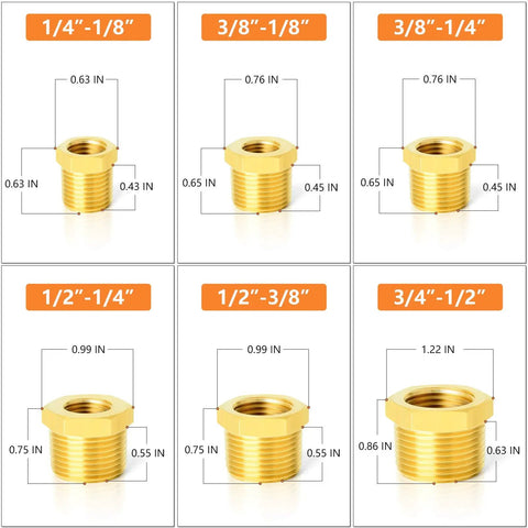 Brass Hex Bushing Fitting Kit 12-Piece For Plumbing And Hydraulic Lines Includes 1/4-1/8, 3/8-1/8, 3/8-1/4, 1/2-1/4, 1/2-3/8, 3/4-1/2 Inch Fittings