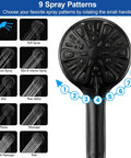 High Pressure Rainfall Shower Head And Handheld Shower Combo with 9 spray settings and matte black finish