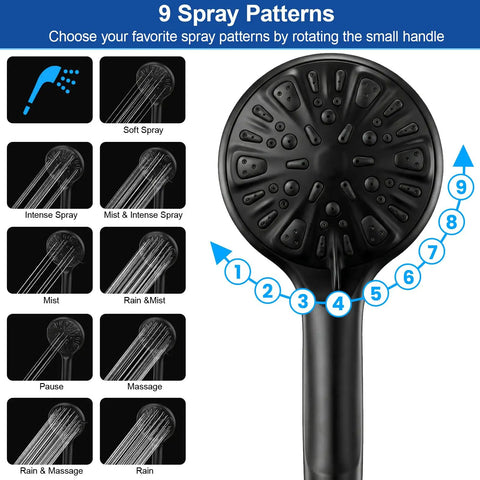 High Pressure Rainfall Shower Head And Handheld Shower Combo with 9 spray settings and matte black finish