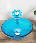 USZWBY Bathroom Vessel Sink, Tempered Glass Vessel Sink Sky Blue Round Basin Washing Bowl Set with Faucet Pop-Up Drain and Water Pipe, Countertop Installation on wooden surface.