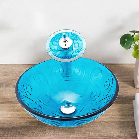 USZWBY Bathroom Vessel Sink, Tempered Glass Vessel Sink Sky Blue Round Basin Washing Bowl Set with Faucet Pop-Up Drain and Water Pipe, Countertop Installation on wooden surface.