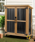 Weatherproof Outdoor Storage Cabinet with lockable doors, wood and metal, for tools and garden gear, patio storage