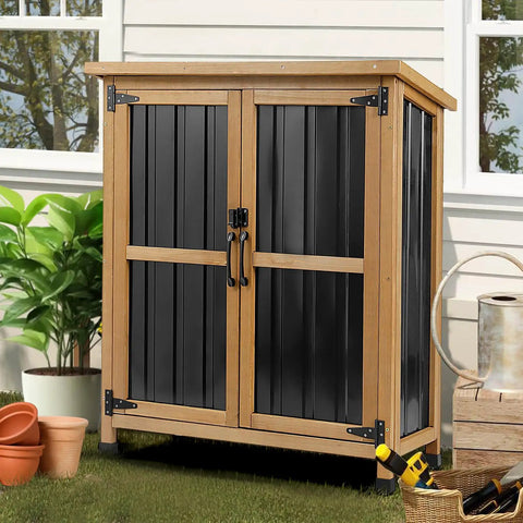Weatherproof Outdoor Storage Cabinet with lockable doors, wood and metal, for tools and garden gear, patio storage