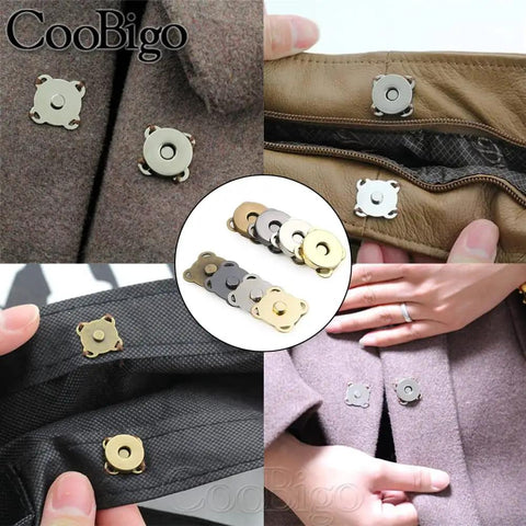 Rock Solid Magnetic Snap Buttons Sew On Clasp Kit Twelve Pack bronze alloy clasp detail on fabric and leather.