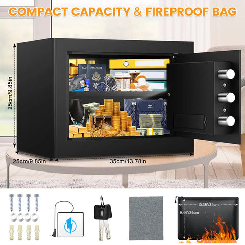 1.2 Cu Ft Compact Digital Safe Box With Combination Lock For Home Security displaying open interior with cash, jewelry, and documents.