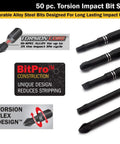 Beefy Flex Torsion Impact Bit Set, 50 Piece Kit for Drill Drivers with torsion flex core and BitPro construction features.