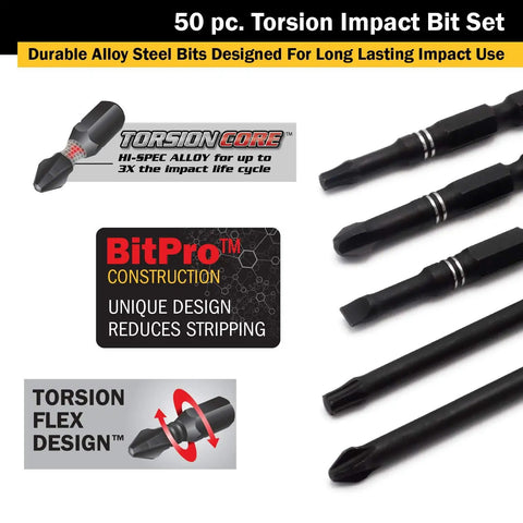 Beefy Flex Torsion Impact Bit Set, 50 Piece Kit for Drill Drivers with torsion flex core and BitPro construction features.