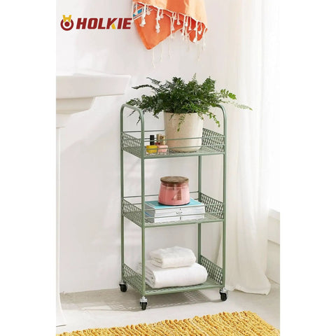 Green metal utility cart with three shelves on 3 Inch No Brake Swivel Caster Wheels Four Pack With One Half Inch Thirteen UNC Threaded Stem
