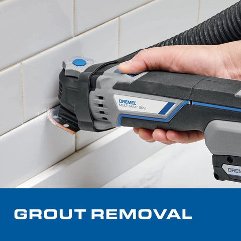 Close-up of Badass 20V Cordless Oscillating Multi-Tool Kit with 2.0Ah Battery and Fast Charger, used for grout removal.