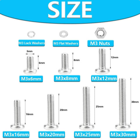 M3 Phillips Pan Head Machine Screws Kit 540 pieces in Stainless Steel 304 with assorted sizes from 6mm to 30mm diagram.