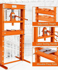 Heavy Duty H Frame Shop Press With 20 Ton Capacity And Adjustable Bench Table featuring adjustable height and labor-saving handle.