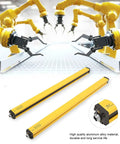 Infrared Safety Light Curtain Sensor System With 12 Beams 40mm Pitch And 525mm Sensing Height Includes Mounting Kit And Cables Pro Grade Fast Response And Anti Interference For Machine Safety shown with robotic arms.