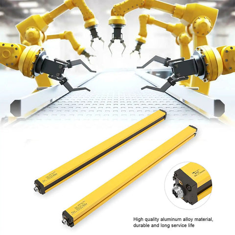 Infrared Safety Light Curtain Sensor System With 12 Beams 40mm Pitch And 525mm Sensing Height Includes Mounting Kit And Cables Pro Grade Fast Response And Anti Interference For Machine Safety shown with robotic arms.