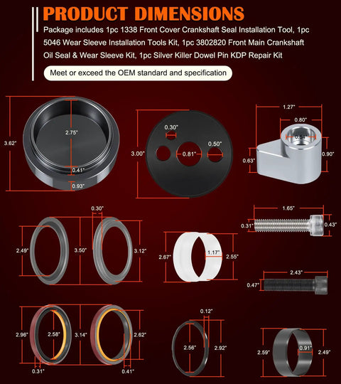 Dimensions of One Stop Front Crankshaft Seal And Wear Sleeve Install Tool Kit For Dodge Cummins 3.9L 5.9L 6.7L Diesel Engines
