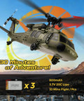 UH60L Black Hawk RC Helicopter with Brushless Main Motor flying over cityscape with 3 included 800mAh Lipo batteries.