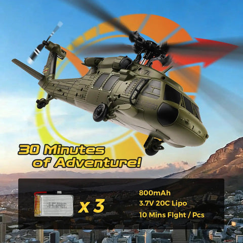 UH60L Black Hawk RC Helicopter with Brushless Main Motor flying over cityscape with 3 included 800mAh Lipo batteries.