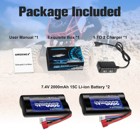 2S 7.4V 2000mAh Li Ion RC Battery With Dean Style T Plug For WLtoys 4WD High Speed RC Cars package with charger and manual