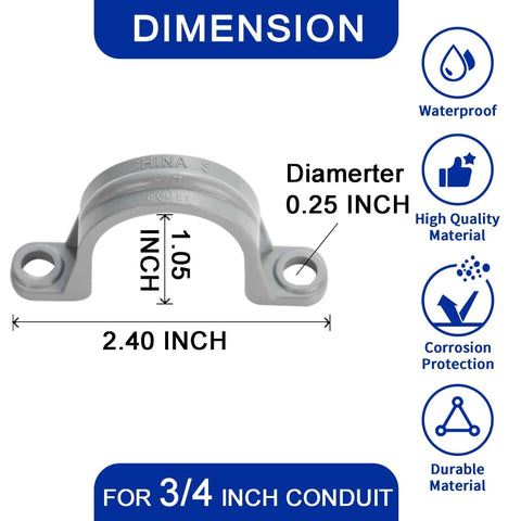 Rock Solid Snap Fit Pvc Conduit Clamps 30 Pack Three Quarter Inch Heavy Duty Wall Straps showing dimensions and design details.