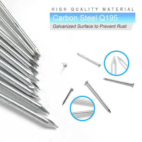 Tough As Nails 8 Oz Claw Hammer Kit Including 376 Precision Cut Steel Nails Built For Hassle Free Picture Hanging Interior Decorating And Weekend DIY Fixes Anywhere. Close-up of assorted galvanized carbon steel nails.