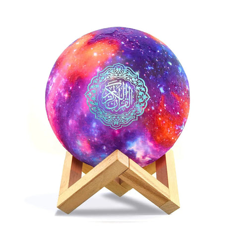 Colorful galaxy-themed Moon Quran Speaker Lamp with Bluetooth, Starry Night Quran Lamp With App Control on wooden stand.