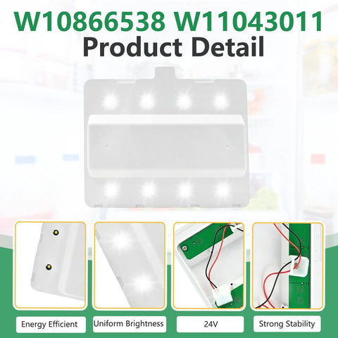 Refrigerator LED Light Module Replacement For Compatible Models W10866538 AP6047972 PS12070396 and WRX735SDHZ WRX735SDBM Q184G2, product detail showing LED components and energy efficiency features.
