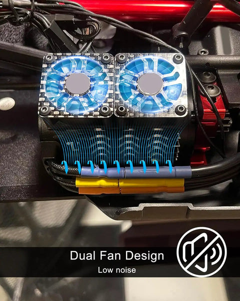 Beefy RC Motor Cooling Fan for One Eighth Scale Brushless Motors 4068 4076 4082 4092 27000 RPM Dual Motor Heatsink with Metal Cover 8.4V 1.5A Cooling Solution for Hot RC Cars
