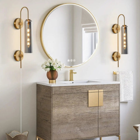 Bathroom scene with Plug In Wall Light With Smoke Gray Glass Shade And Gold Brass Finish, Retro Inspired Mid Century Modern Sconce