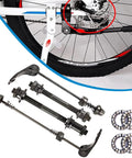 Dope Quick Release Bike Axle Skewer Set For Front And Rear Hubs shown with steel ball bearings and bike wheel