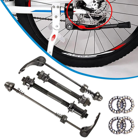 Dope Quick Release Bike Axle Skewer Set For Front And Rear Hubs shown with steel ball bearings and bike wheel