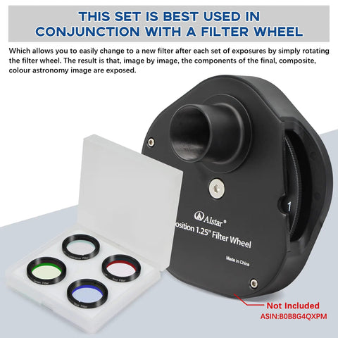 Deluxe Telescope LRGB Filter Set for Monochrome CCD Cameras with 1.25 inch filters next to a filter wheel component
