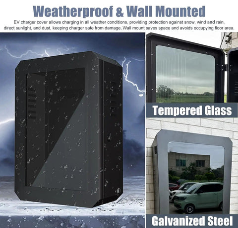 Heavy Duty Wall Mounted EV Charger Enclosure With Galvanized Steel And Tempered Glass Door, waterproof protection, wall-mounted design.