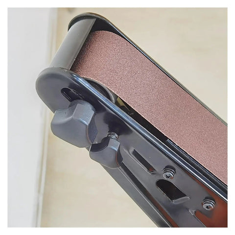 Close-up of the belt on the Compact Vertical Belt Sander and Bench Grinder Combos for precision sanding and polishing.