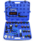 The Real Deal Wrench Ready 33 Piece Radiator Pressure Tester And Coolant Vacuum Refill Tool Kit For Universal Car Truck Cooling System Leak Detection And Manual Air Bleed Filling Set For Under The Hood Jobs displayed in a blue case with various tools.