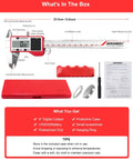 Box contents of Solar Powered Digital Caliper 6 Inch, 0.001 Inch Precision, Stainless Steel; includes caliper, case, battery, screwdriver, manual.